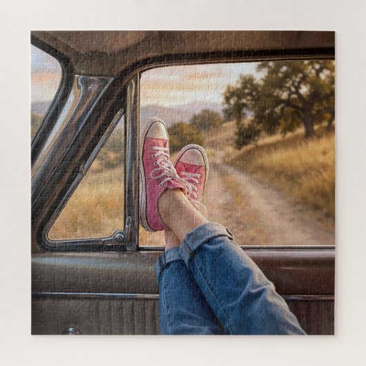 Roze sneakers in retro auto raam legpuzzel (Verticaal)