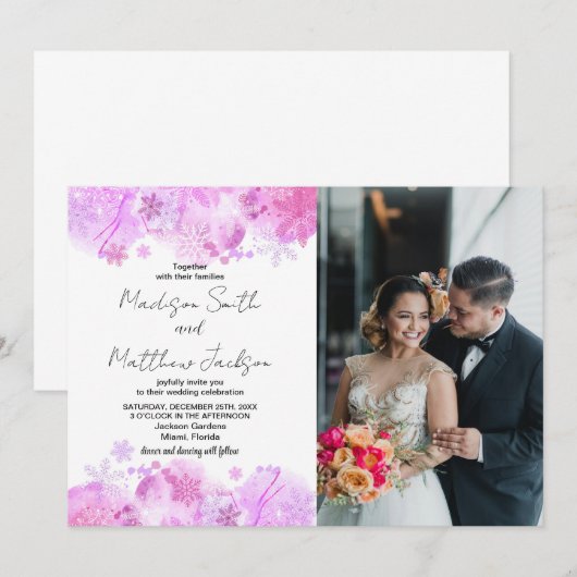 Roze sneeuw bruiloft uitnodigingen met foto (Voorkant / Achterkant)