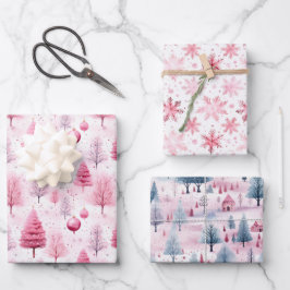 Roze Sneeuw Kerst Waterverf Cartoon Design Inpakpapier Vel