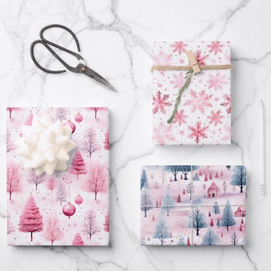 Roze Sneeuw Kerst Waterverf Cartoon Design Inpakpapier Vel (Voorkant)