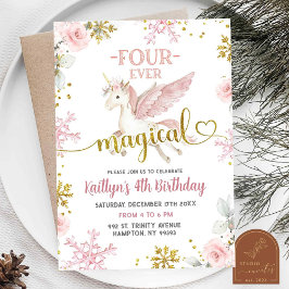 Roze Sneeuw Magische Eenhoorn Winter 4e Verjaardag Kaart