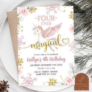 Roze Sneeuw Magische Eenhoorn Winter 4e Verjaardag Kaart
