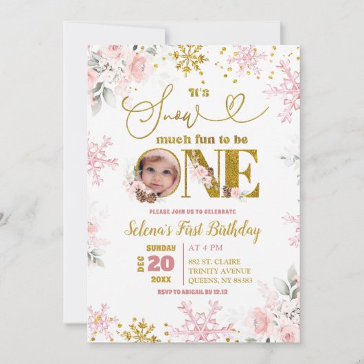 Roze Sneeuw Veel Leuk Winter Bloemen 1e Verjaardag Kaart (Voorkant)