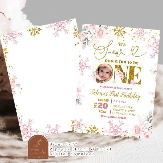 Roze Sneeuw Veel Leuk Winter Bloemen 1e Verjaardag Kaart