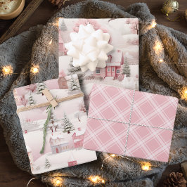  Roze Sneeuwdorp Plaid Christmas Inpakpapier Vel