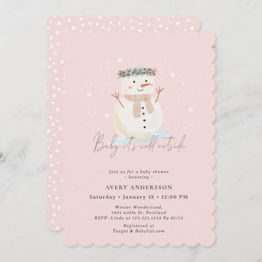 Roze Sneeuwman Baby Het Is Koud Buiten Baby Borrel Kaart (Voorkant / Achterkant)
