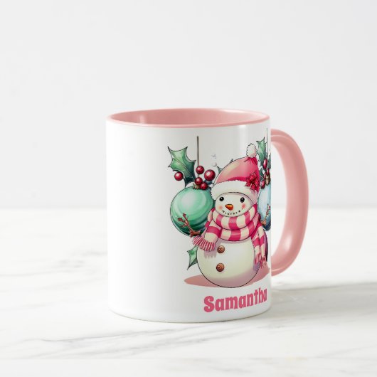 Roze Sneeuwman Kerst Kinder Hot Chocolate Mok (Voorkant rechts)