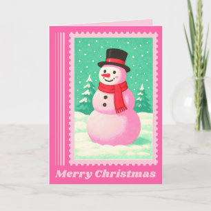 Roze Sneeuwman Kerst Postzegel Sticker Feestdagen Kaart