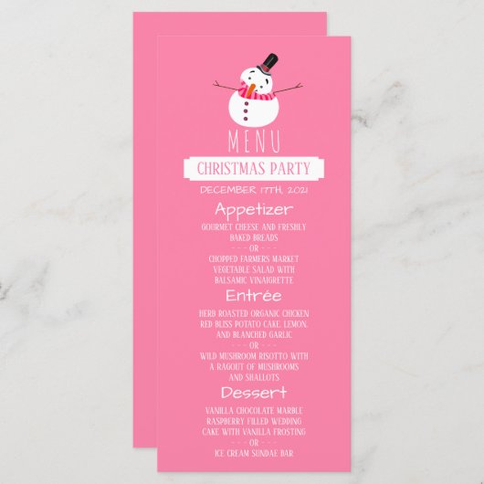 Roze Sneeuwman, Kerstfeest Menu (Voorkant / Achterkant)