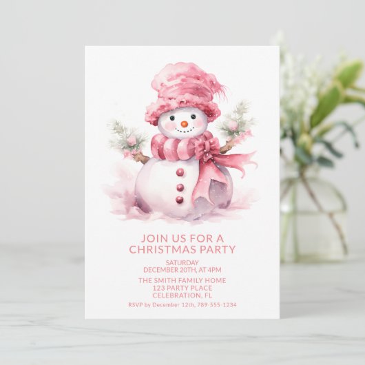 Roze Sneeuwman Kerstfeest uitnodiging (Staand voorkant)