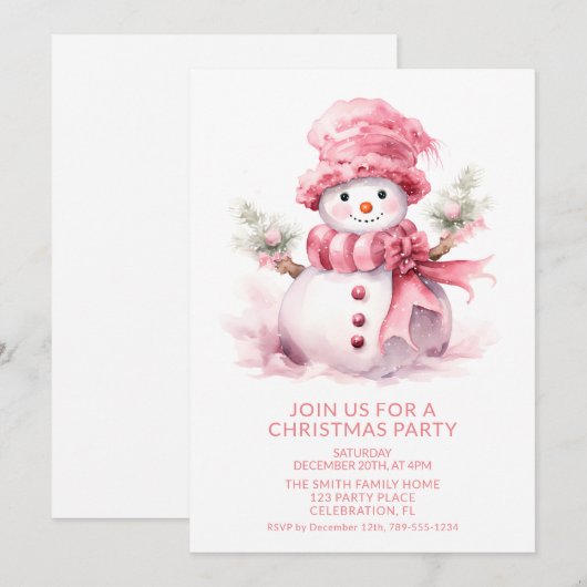 Roze Sneeuwman Kerstfeest uitnodiging (Voorkant / Achterkant)