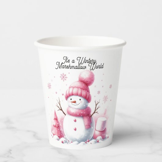 Roze Sneeuwman Marshmallow Wereld Papieren Bekers (Voorkant)