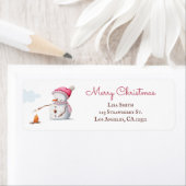 Roze Sneeuwman Marshmallows Kerst Terug Adres Etiket (Insitu)