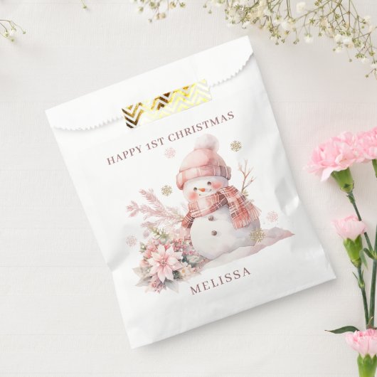 Roze Sneeuwman Meisje 1e Kerstmis Favor Tassen Bedankzakje (Gezegeld)