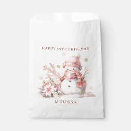 Roze Sneeuwman Meisje 1e Kerstmis Favor Tassen Bedankzakje
