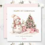 Roze  Sneeuwman Meisje Eerste Kerstmis Kaart<br><div class="desc">Kerstkaart met een schattige  sneeuwpop in roze voor baby en kleine meisjes. Personaliseer deze kerstkaart eenvoudig met je eigen tekst - Kate Eden Art.</div>