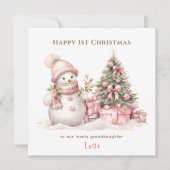 Roze Sneeuwman Meisje Eerste Kerstmis Kaart (Voorkant)