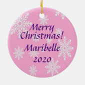 Roze Sneeuwman Meisje en Hond Aangepaste Kerstmis Keramisch Ornament (Achterkant)