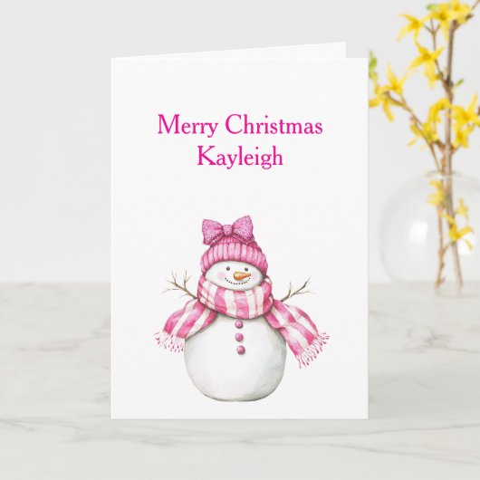 Roze Sneeuwman Meisje Kerstmis Kaart (Gele Bloem)