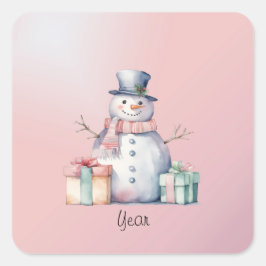 Roze Sneeuwman met Pakketten Button Vierkante Sticker