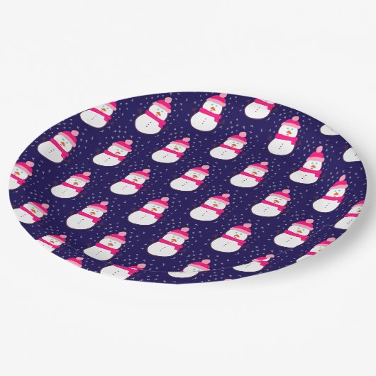 Roze Sneeuwman met Sneeuwvlaag Papieren Bordje (Gekanteld)