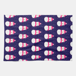 Roze Sneeuwman met Sneeuwvlaag Theedoek