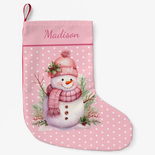 Roze Sneeuwman Polka Dot Custom Kerstkous Kleine Kerstsok (Voorkant)