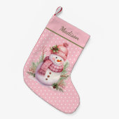 Roze Sneeuwman Polka Dot Custom Kerstkous Kleine Kerstsok (Voorkant (Hangend))