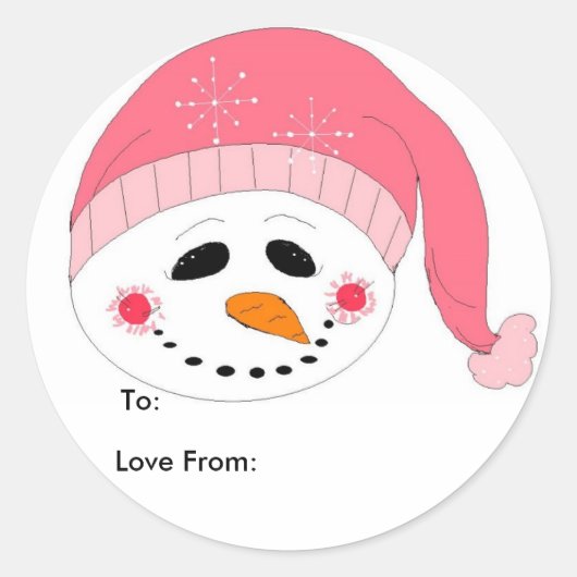 Roze Sneeuwman Ronde Sticker (Voorkant)