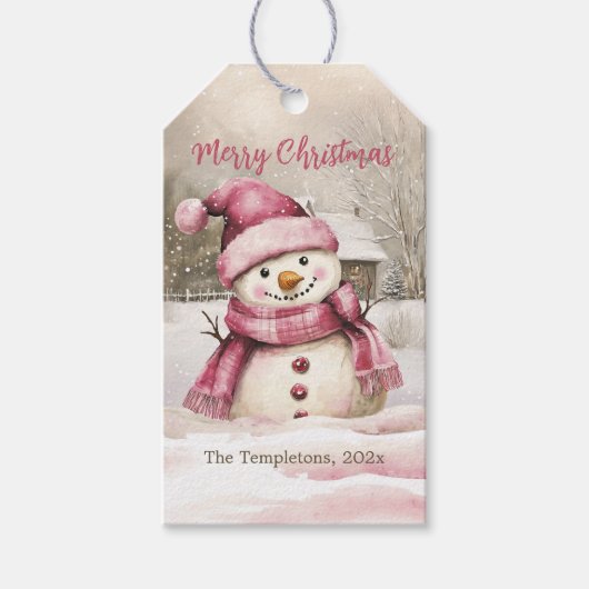 Roze Sneeuwman Vintage Kerstmis Cadeaulabel (Voorkant)
