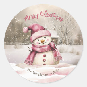 Roze Sneeuwman Vintage Kerstmis Ronde Sticker