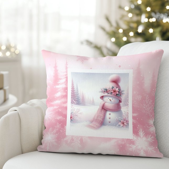 Roze Sneeuwman Winter Scene Roze Kerst Kussen Deco (Pink Snowman Winter Scene Pinkmas Pillow Decor)