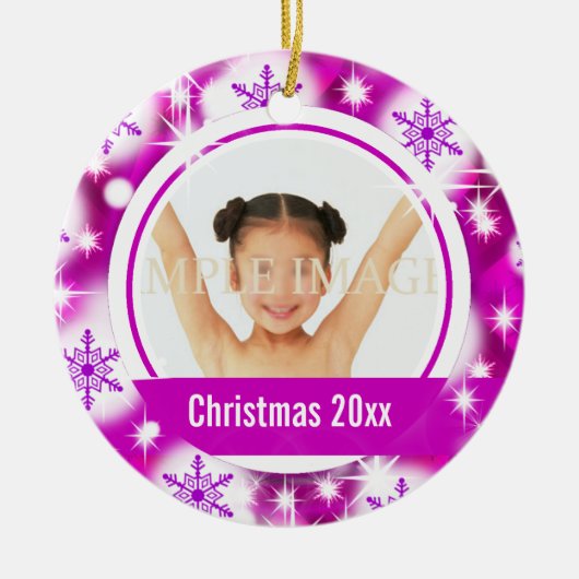 Roze sneeuwvlok 2 foto personaliseert keramisch ornament (Voorkant)