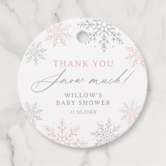 Roze Sneeuwvlok Baby shower Dank u sneeuw veel Bedankjes Labels (Voorkant)