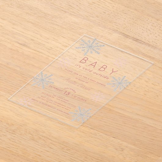 Roze sneeuwvlok Baby zijn koude buiten Baby shower Acryl Uitnodigingen (Laagn)