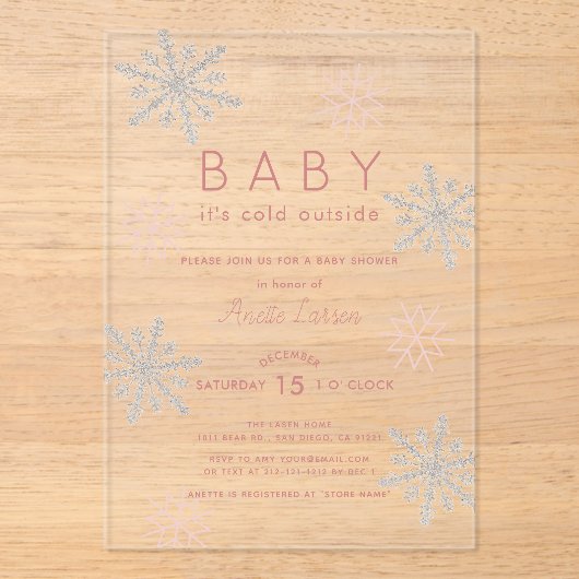 Roze sneeuwvlok Baby zijn koude buiten Baby shower Acryl Uitnodigingen (Voorkant)
