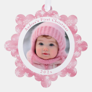 Roze Sneeuwvlok Baby's Eerste Kerstmis Foto Ornament Kaart