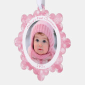 Roze Sneeuwvlok Baby's Eerste Kerstmis Foto Ornament Kaart (Links)