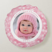 Roze Sneeuwvlok Baby's Eerste Kerstmis Foto Rond Kussen (Achterkant)