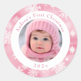 Roze Sneeuwvlok Baby's Eerste Kerstmis Foto Ronde Sticker