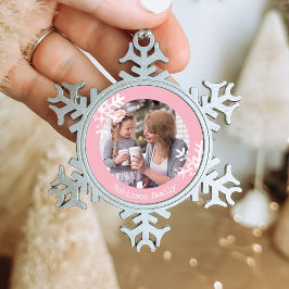 Roze Sneeuwvlok Custom Foto Monogram Tin Sneeuwvlok Ornament