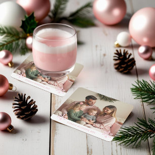 Roze Sneeuwvlok Familie Foto Kerstmis Kartonnen Onderzetters