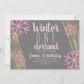 Roze Sneeuwvlok Folie Script Eerste Verjaardag Kaart (Voorkant)