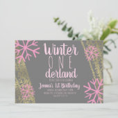Roze Sneeuwvlok Folie Script Eerste Verjaardag Kaart (Staand voorkant)