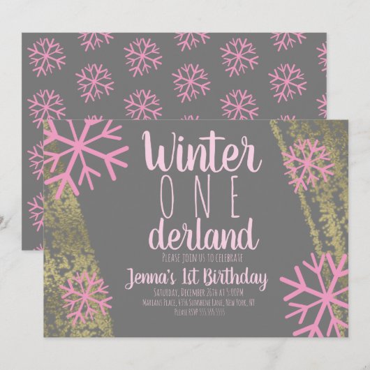 Roze Sneeuwvlok Folie Script Eerste Verjaardag Kaart (Voorkant / Achterkant)