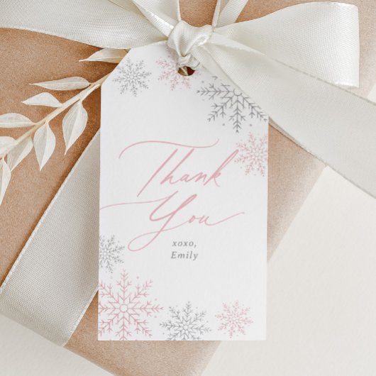 Roze Sneeuwvlok Glitter Verjaardag Cadeaulabel