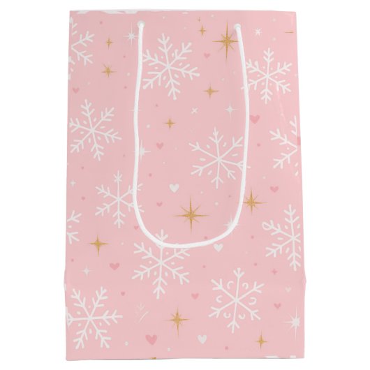 Roze Sneeuwvlok & Goud Glitter Kerstcadeauttas Medium Cadeauzakje (Achterkant)