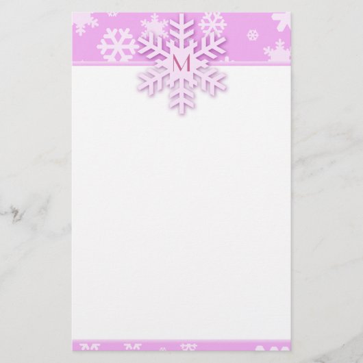 Roze Sneeuwvlok Grens met Monogrammed Sneeuwvlok Briefpapier (Voorkant)
