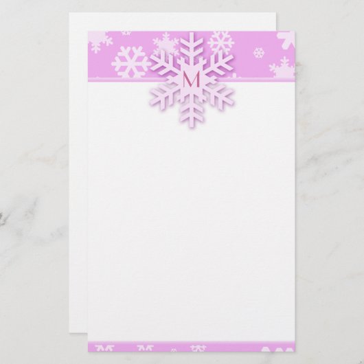 Roze Sneeuwvlok Grens met Monogrammed Sneeuwvlok Briefpapier (Voorkant / Achterkant)