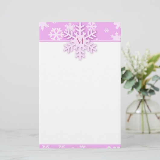 Roze Sneeuwvlok Grens met Monogrammed Sneeuwvlok Briefpapier (Staand voorkant)